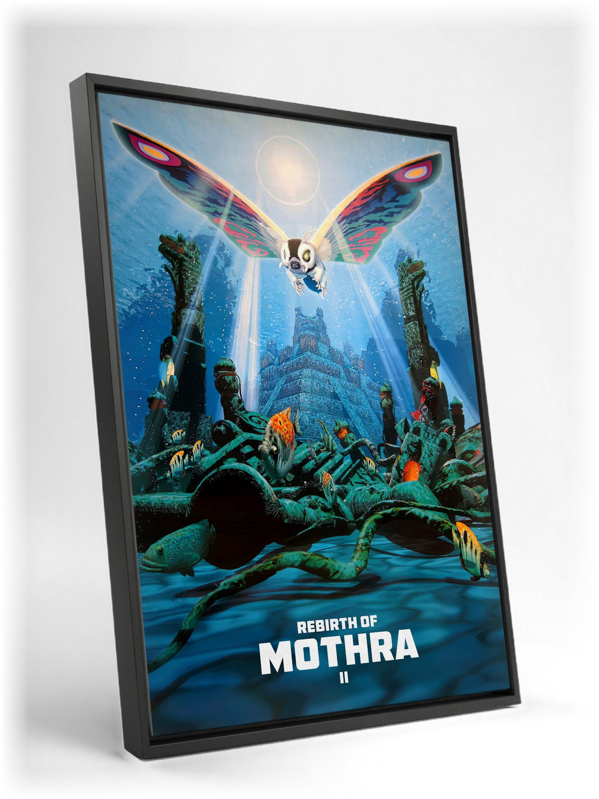 Rebirth of Mothra II (1997) Movie Key Art as a black floater framed canvas leaning against a wall