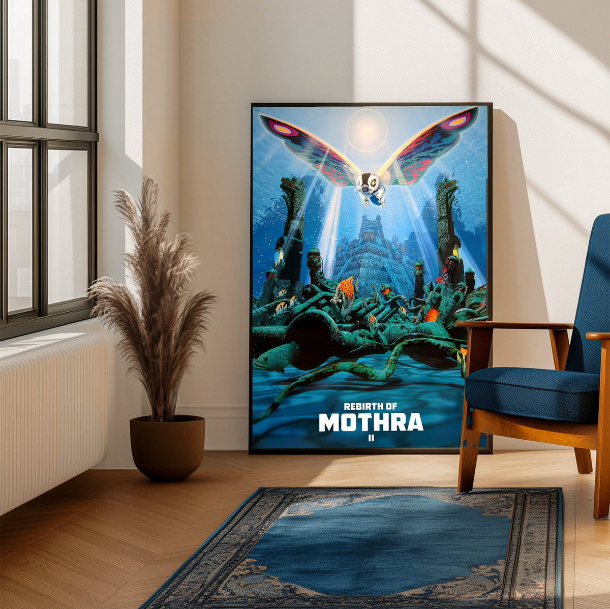 Rebirth of Mothra II (1997) Movie Key Art poster framed beside a blue armchair in a sunlit room