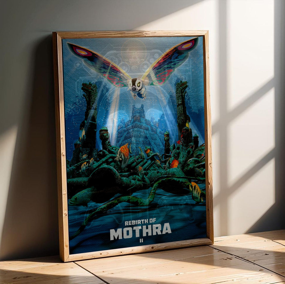 Rebirth of Mothra II (1997) Movie Key Art poster in an oak frame leaning on a wooden floor