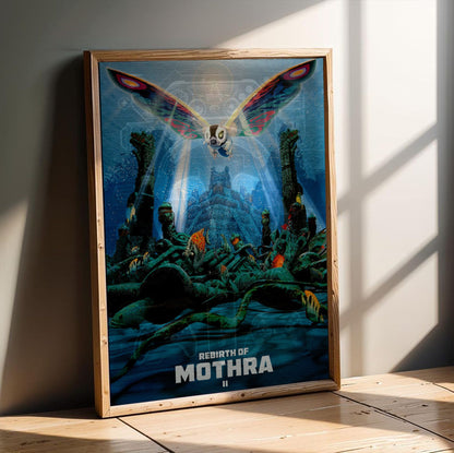 Rebirth of Mothra II (1997) Movie Key Art poster in an oak frame leaning on a wooden floor