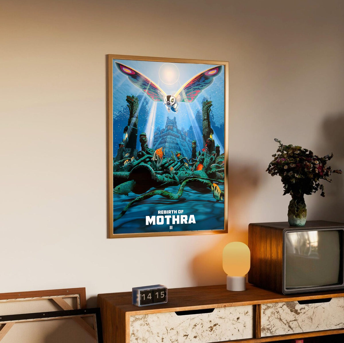Rebirth of Mothra II (1997) Movie Key Art poster in an oak frame above a sideboard
