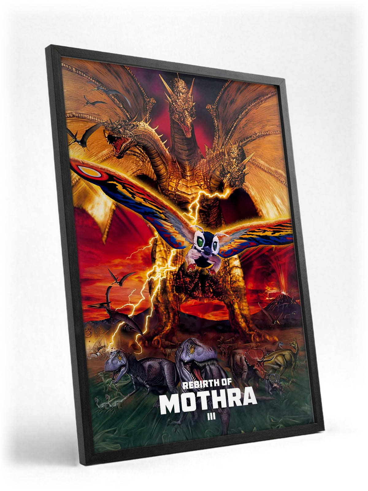 Rebirth of Mothra III (1998) Movie Key Art poster in a black frame with glass leaning against a wall