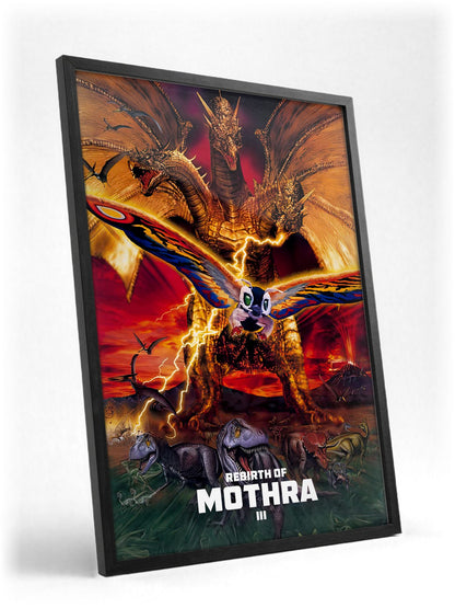 Rebirth of Mothra III (1998) Movie Key Art poster in a black frame with glass leaning against a wall