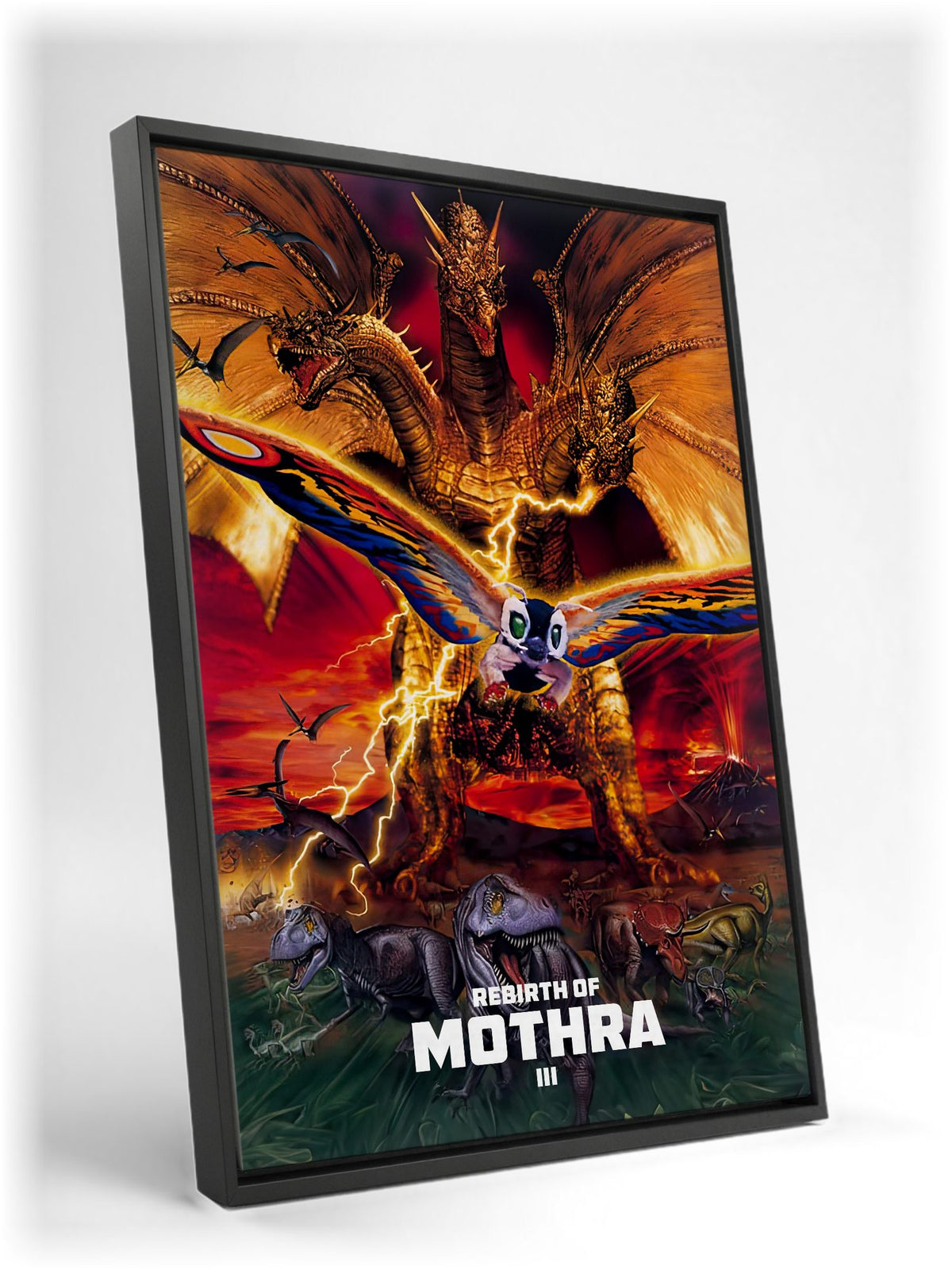 Rebirth of Mothra III (1998) Movie Key Art as a black floater framed canvas leaning against a wall