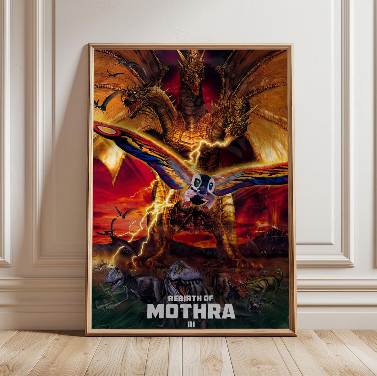 Rebirth of Mothra III (1998) Movie Key Art poster in a light oak frame leaning against a white wall