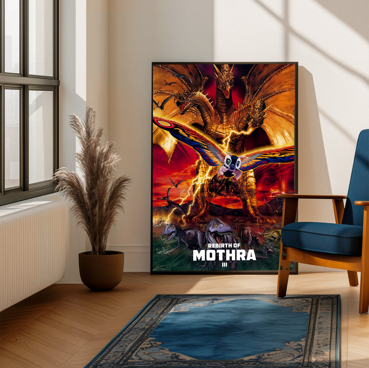 Rebirth of Mothra III (1998) Movie Key Art poster framed beside a blue armchair in a sunlit room