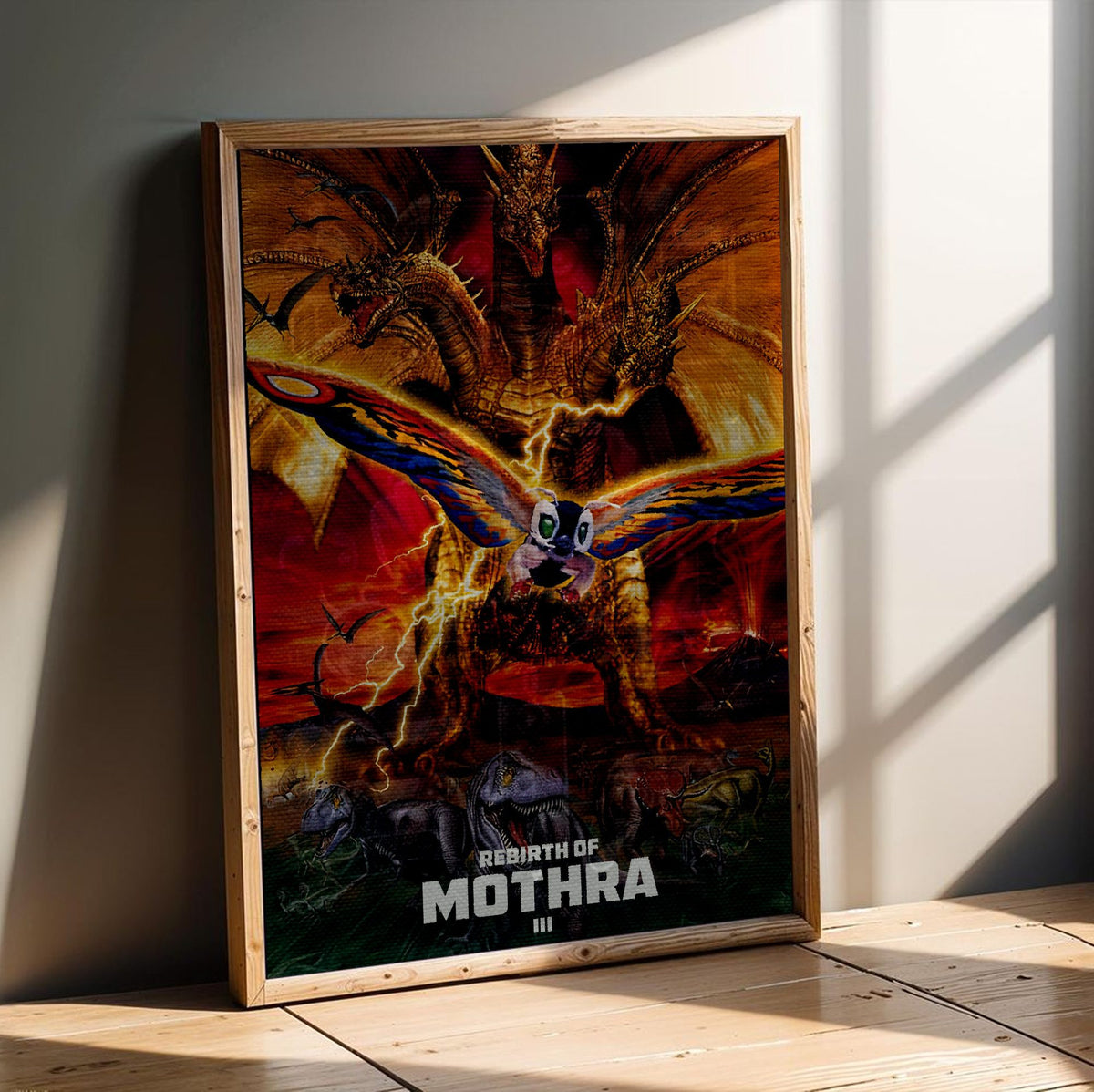 Rebirth of Mothra III (1998) Movie Key Art poster in an oak frame leaning on a wooden floor