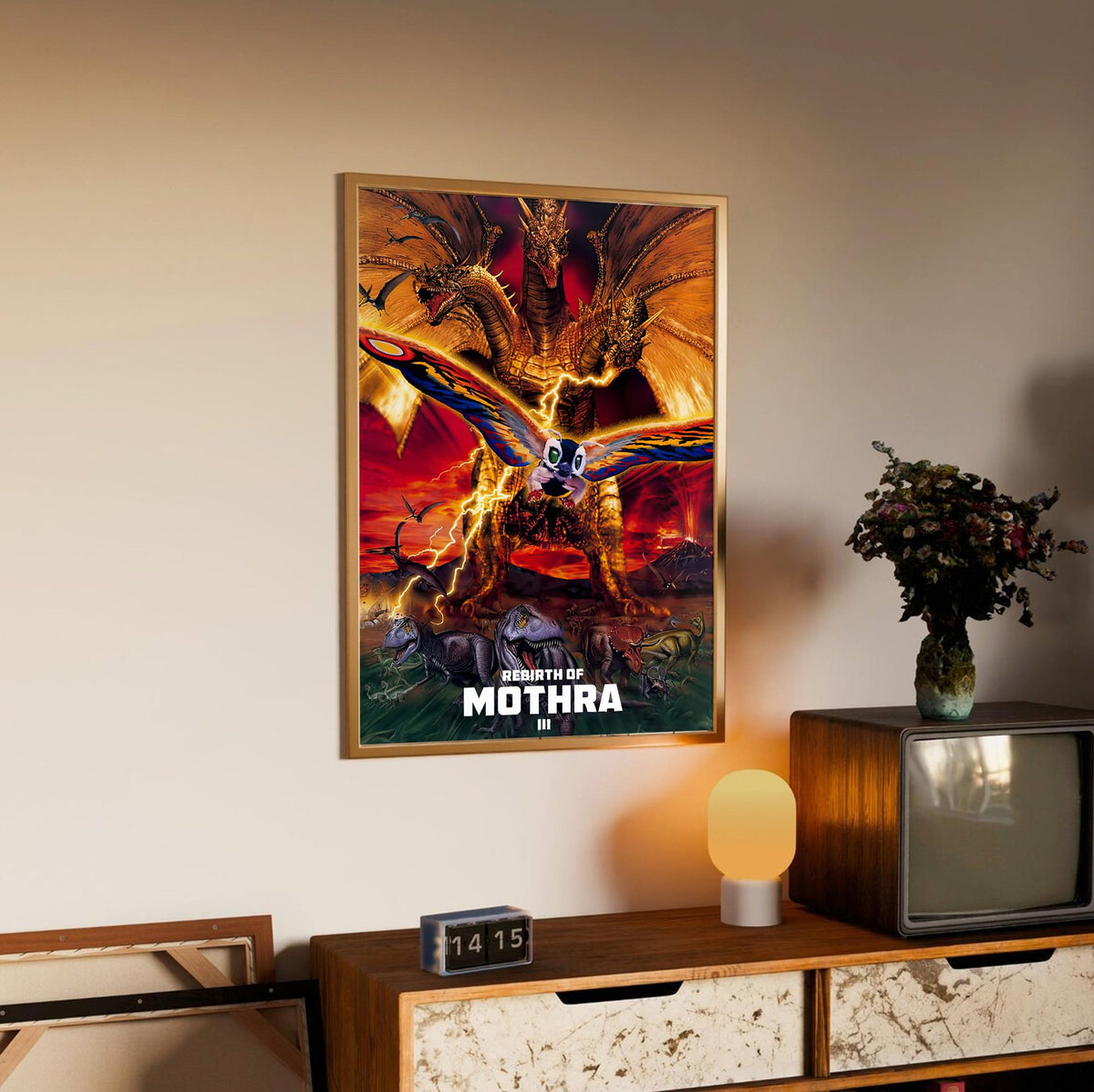 Rebirth of Mothra III (1998) Movie Key Art poster in an oak frame above a sideboard