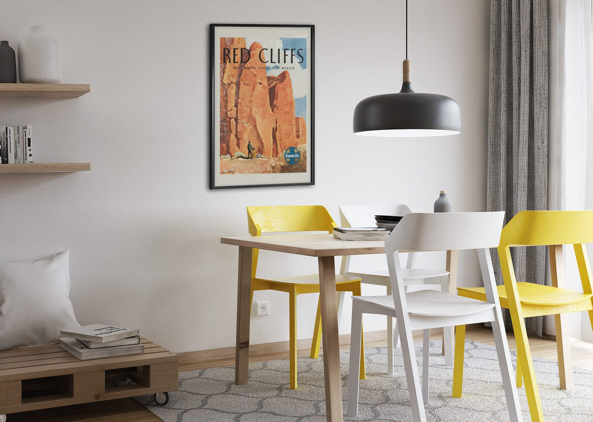 Red Cliffs New Mexico Santa Fe poster framed above a dining table