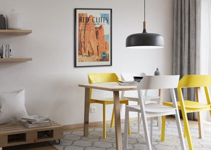 Red Cliffs New Mexico Santa Fe poster framed above a dining table