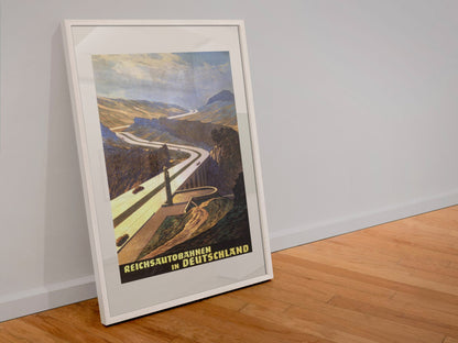 Reichsautobahnen in Deutschland poster in a white frame leaning against a wall
