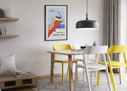 Relax Chargeurs Reunis poster framed above a dining table
