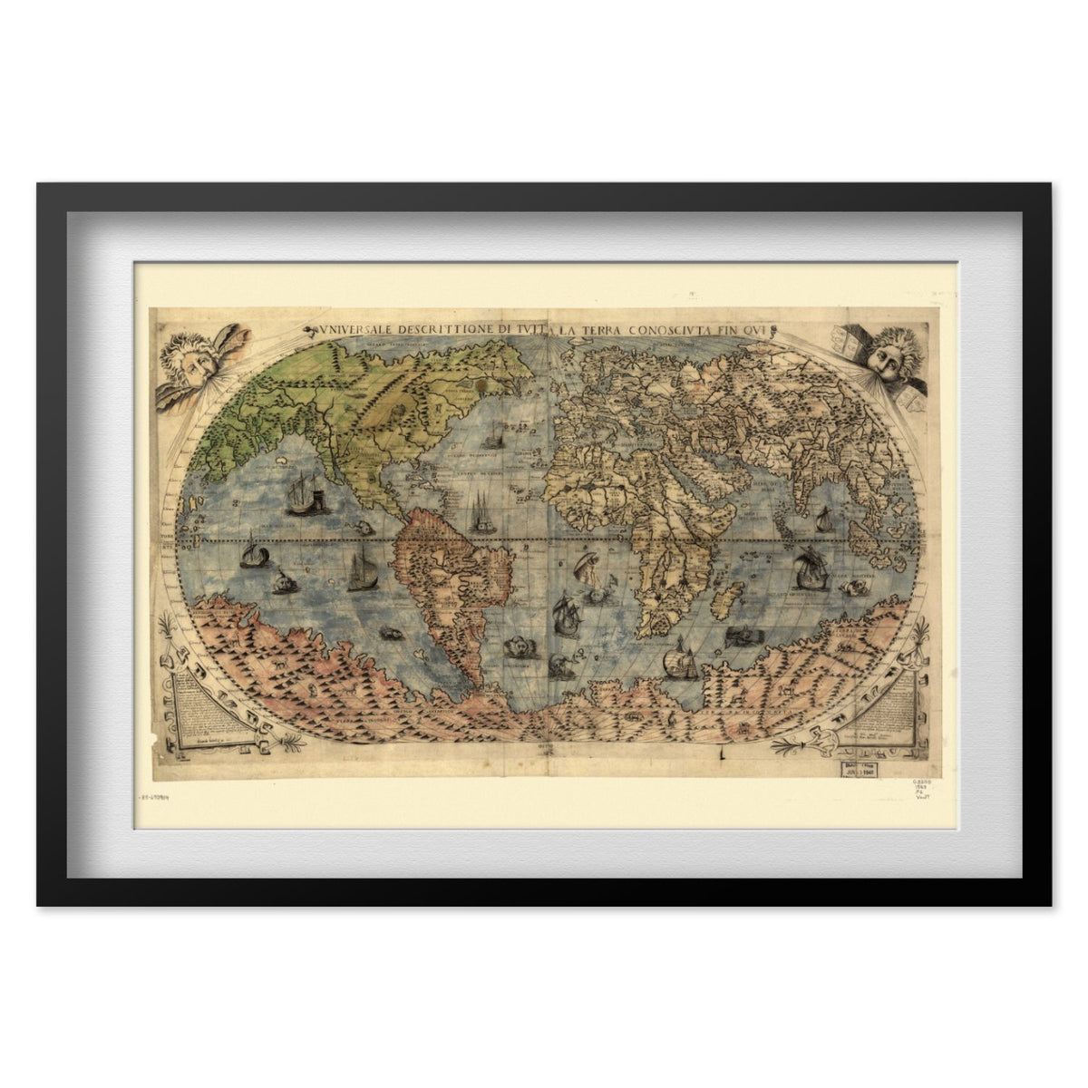 Renaissance World Map 1565 print in a black frame