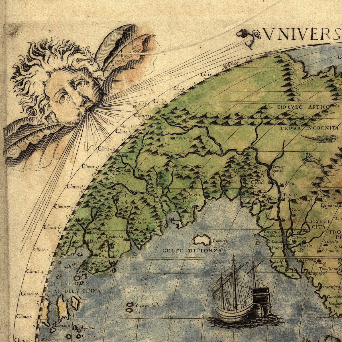 Close-up detail of the Renaissance World Map 1565 print