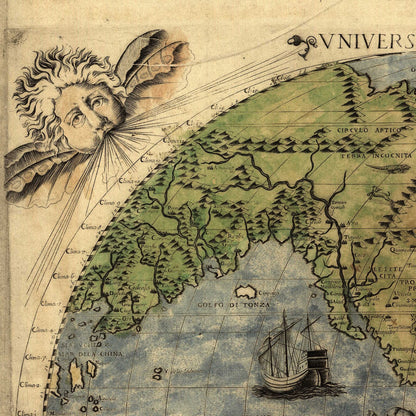 Close-up detail of the Renaissance World Map 1565 print