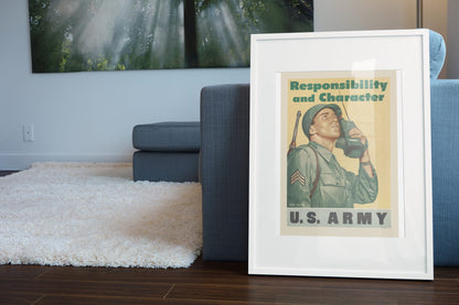Responsibility and Character — U.S. Army poster leaning beside a blue sofa
