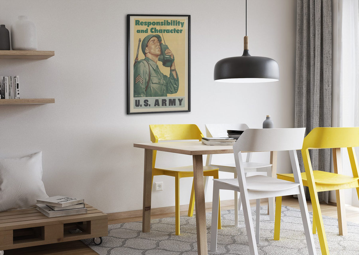 Responsibility and Character — U.S. Army poster framed above a dining table