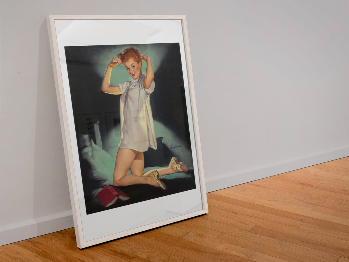 Rest Assured by Gil Elvgren, pin-up poster — leaning frame