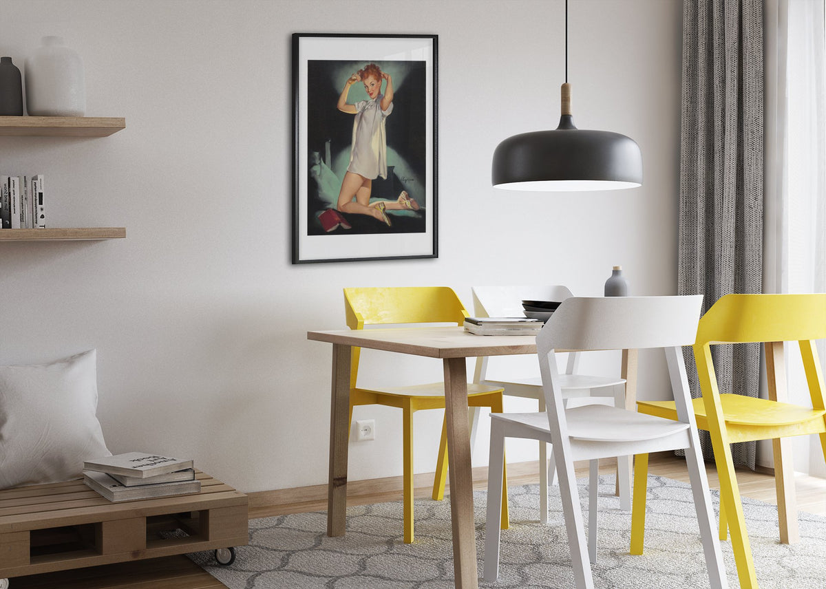 Rest Assured by Gil Elvgren, pin-up poster — dining room