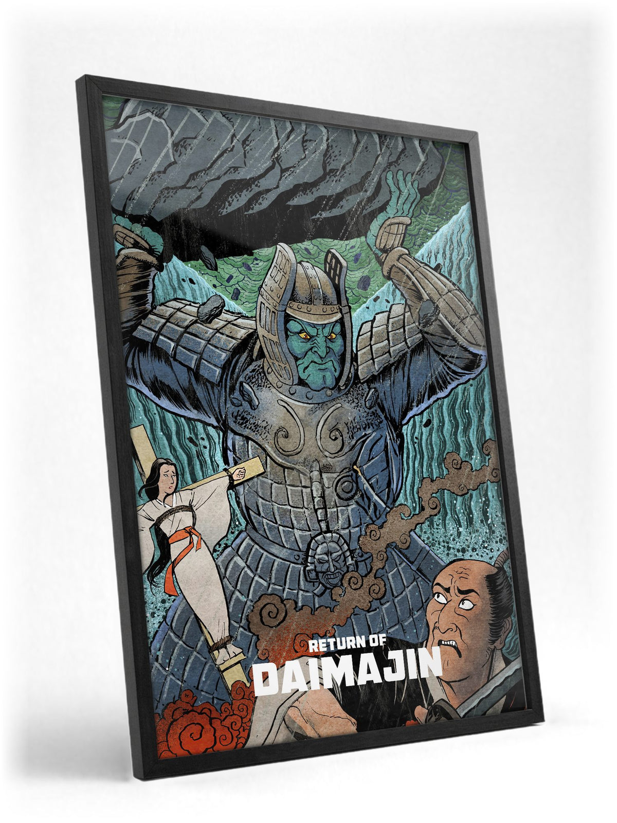 Return of Giant Majin (1966) Movie Illustrated Art poster in a black frame with glass leaning against a wall