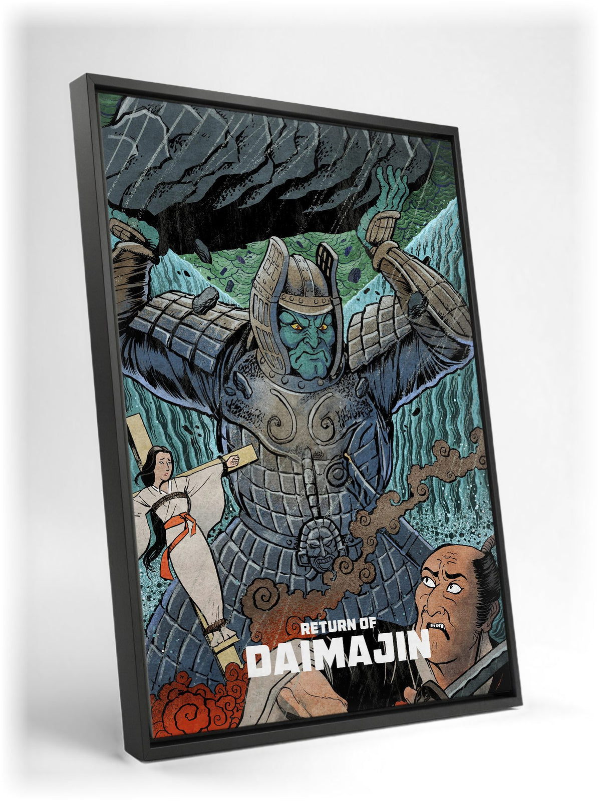 Return of Giant Majin (1966) Movie Illustrated Art as a black floater framed canvas leaning against a wall
