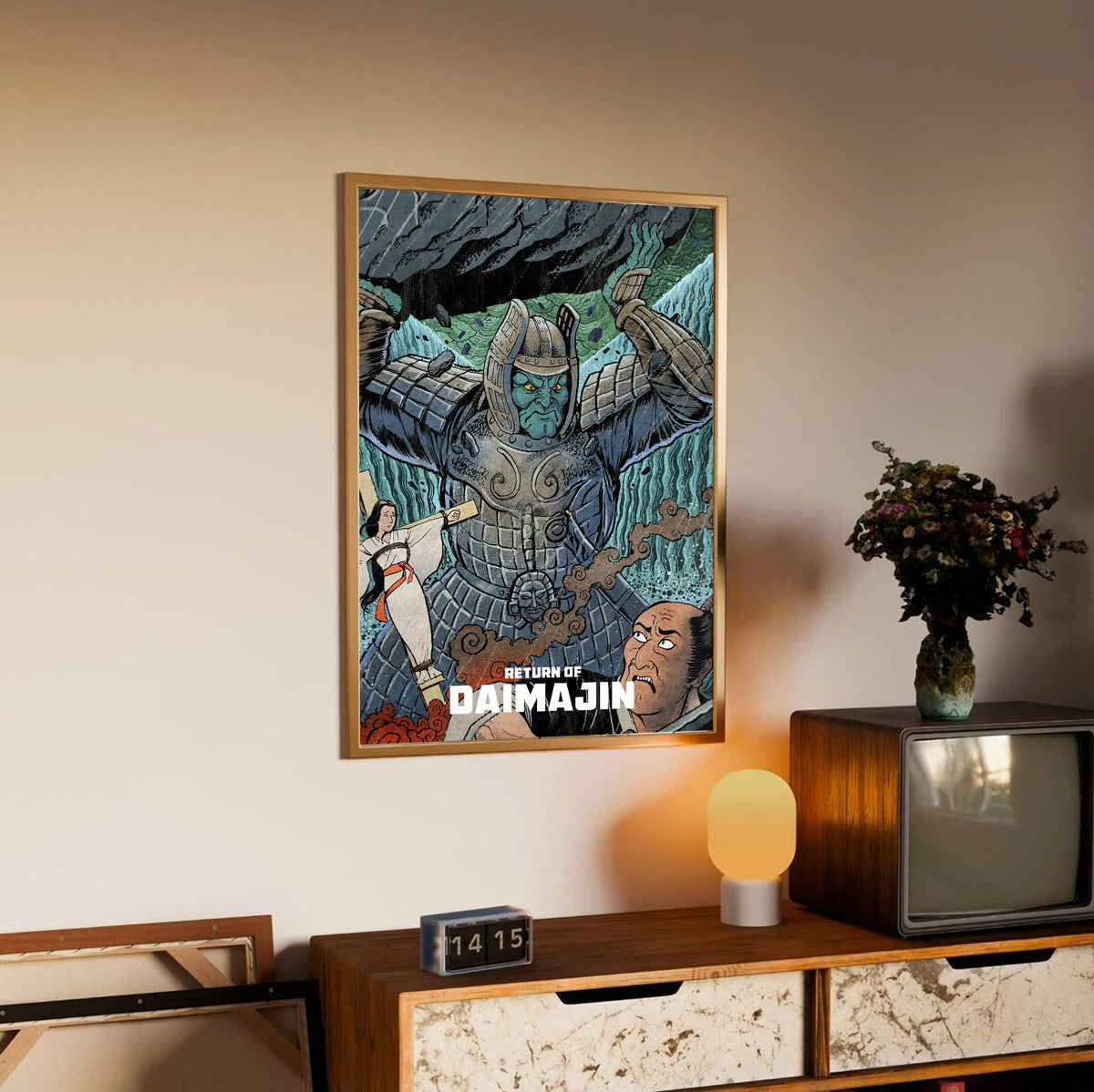Return of Giant Majin (1966) Movie Illustrated Art poster in an oak frame above a sideboard