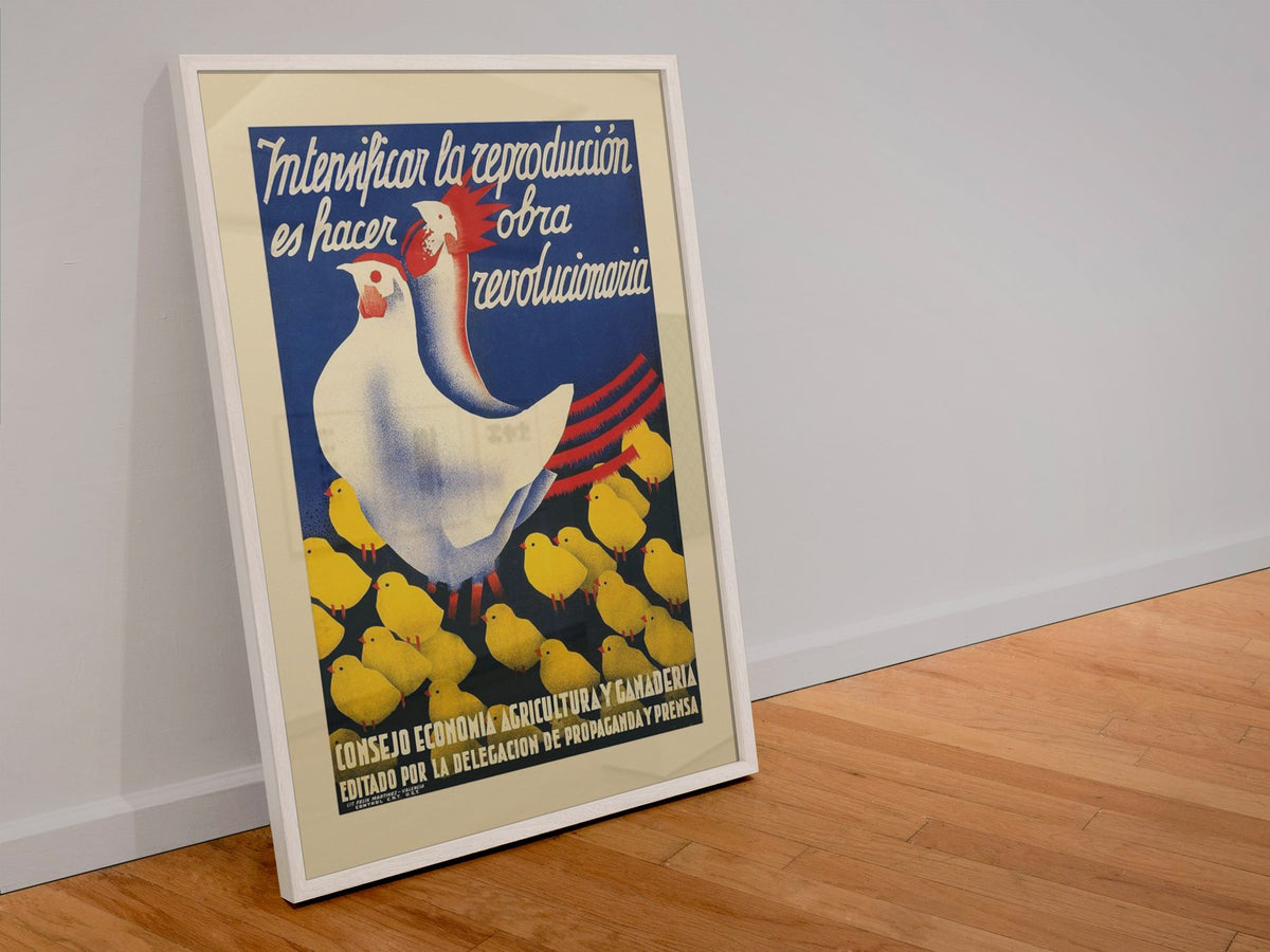 Revolutionary Work — Hen and Chicks poster in a white frame leaning against a wall