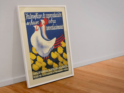 Revolutionary Work — Hen and Chicks poster in a white frame leaning against a wall