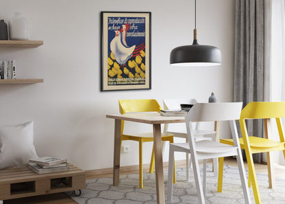 Revolutionary Work — Hen and Chicks poster framed above a dining table
