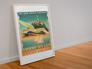 Rhode Island New Haven Railroad poster in a white frame leaning against a wall