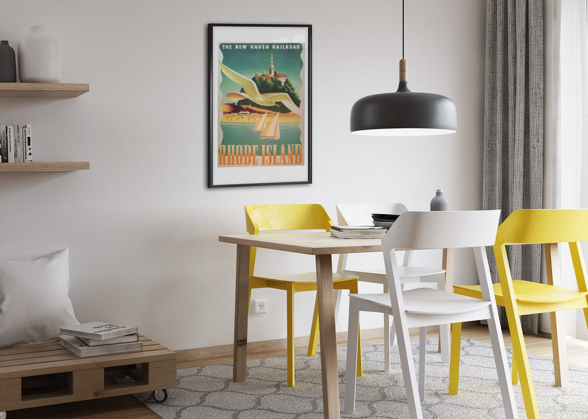 Rhode Island New Haven Railroad poster framed above a dining table