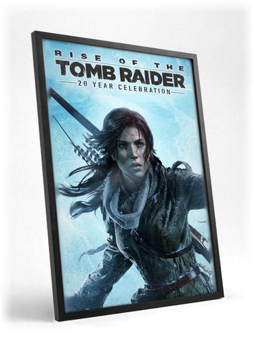 Rise of the Tomb Raider 20 Year Celebration Art poster in a black frame with glass leaning against a wall