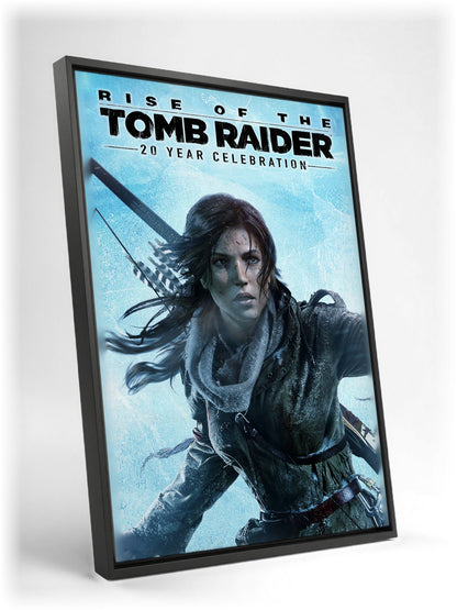 Rise of the Tomb Raider 20 Year Celebration Art as a black floater framed canvas leaning against a wall