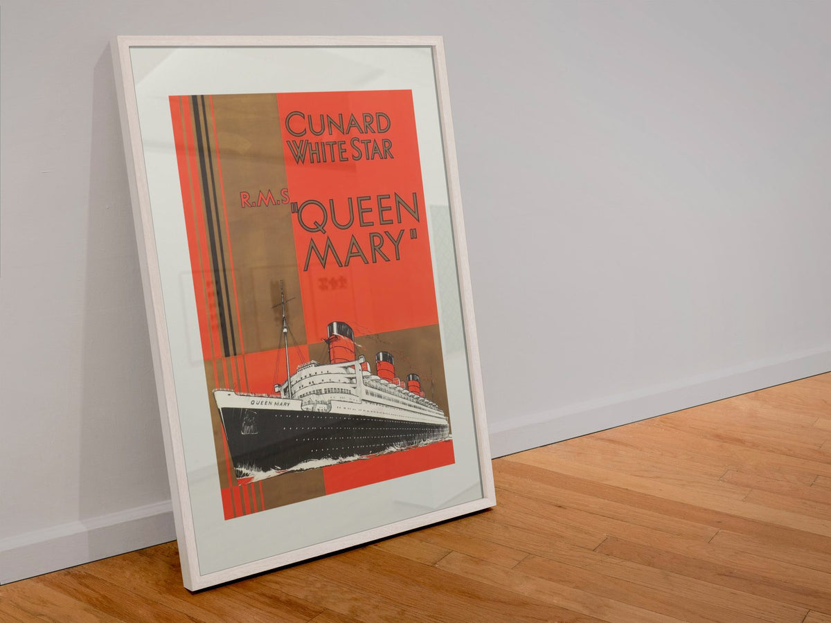 RMS Queen Mary Cunard White Star poster in a white frame leaning against a wall