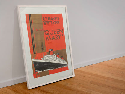 RMS Queen Mary Cunard White Star poster in a white frame leaning against a wall