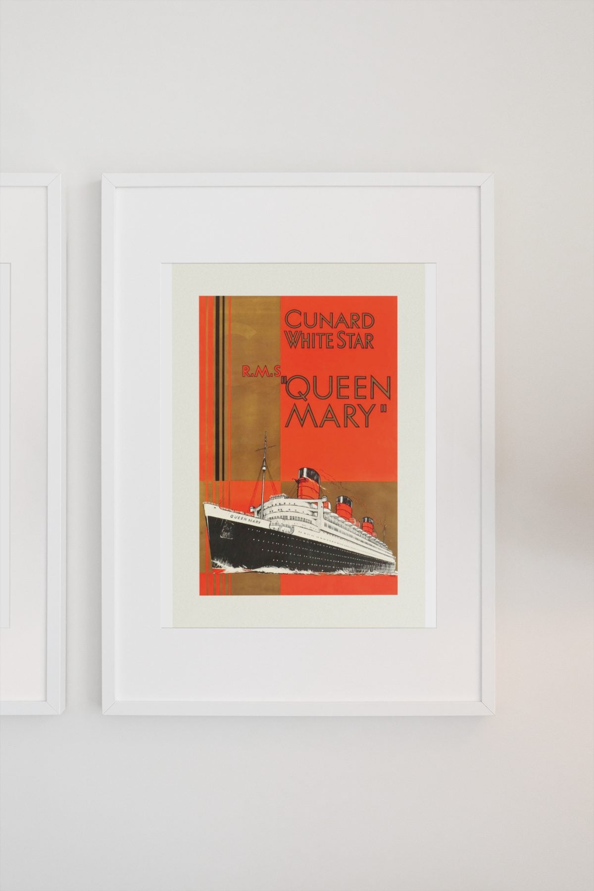 RMS Queen Mary Cunard White Star poster on a light wall