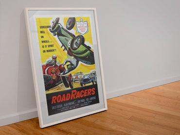 Road Racers 1959 poster in a white frame leaning against a wall