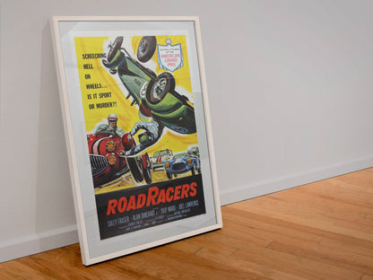 Road Racers 1959 poster in a white frame leaning against a wall