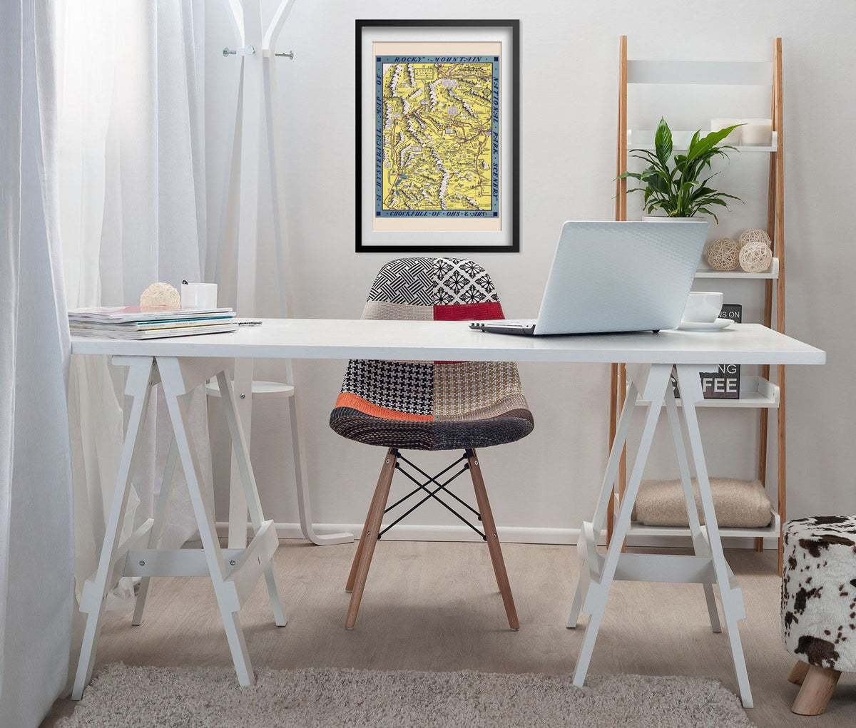 Rocky Mountain National Park 1948 Map print framed above a white desk in a home office
