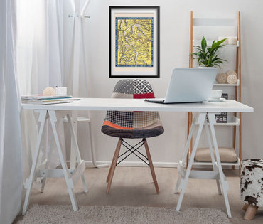 Rocky Mountain National Park 1948 Map print framed above a white desk in a home office