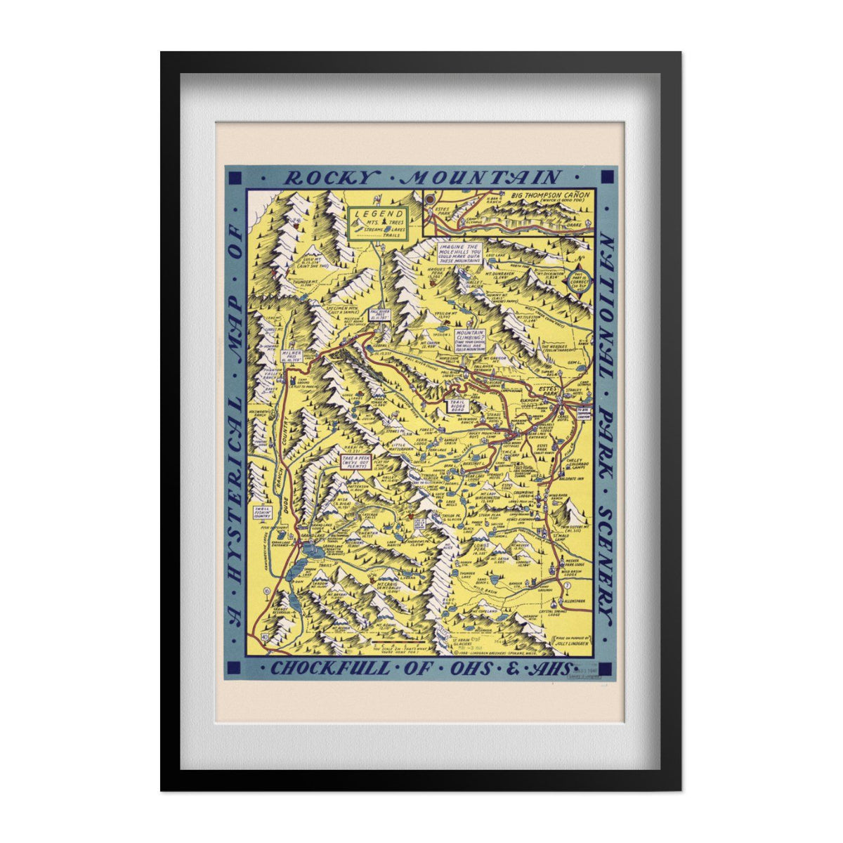 Rocky Mountain National Park 1948 Map print in a black frame with a white mat