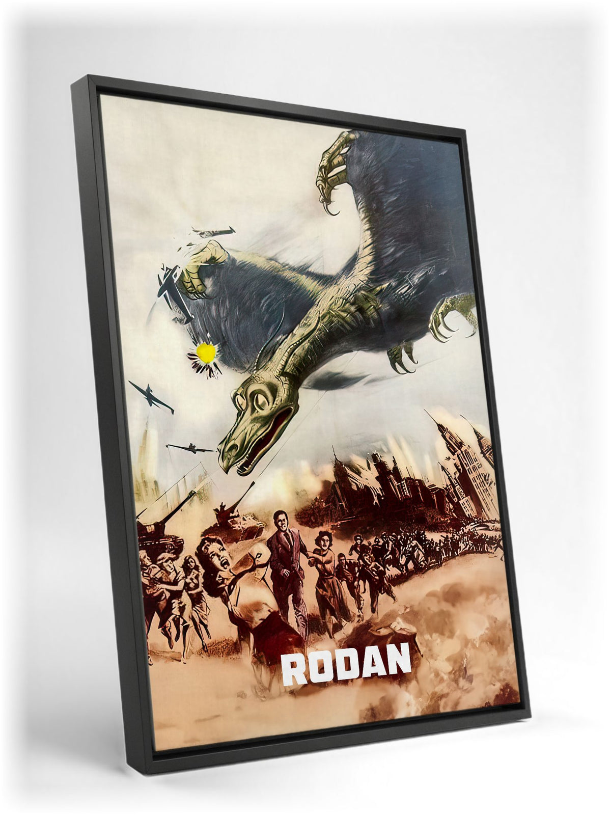 Rodan (1956) Movie Illustrated Art as a black floater framed canvas leaning against a wall