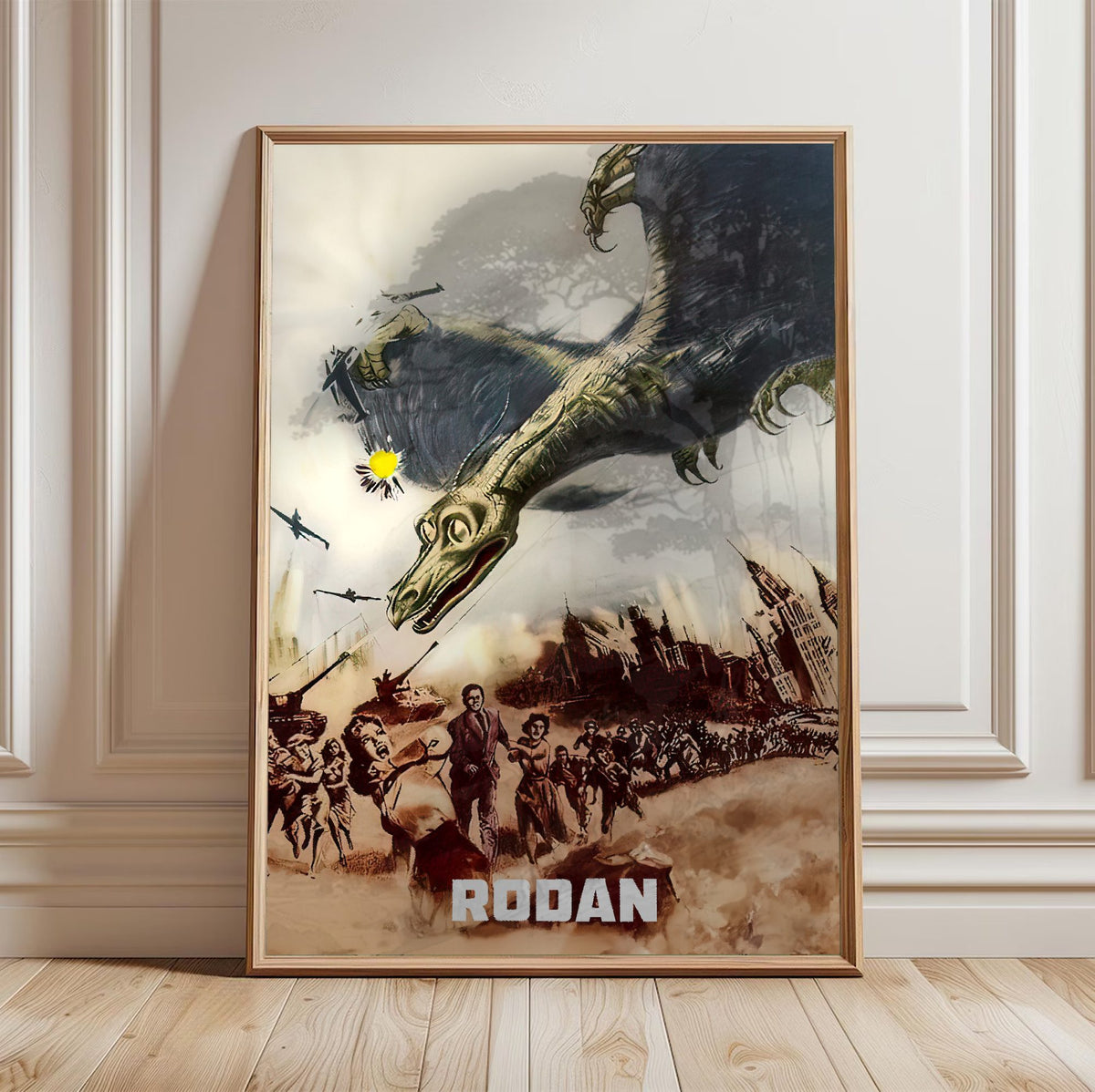Rodan (1956) Movie Illustrated Art poster in a light oak frame leaning against a white wall