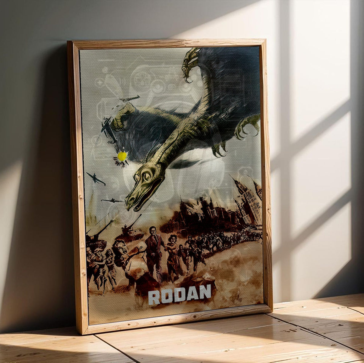 Rodan (1956) Movie Illustrated Art poster in an oak frame leaning on a wooden floor