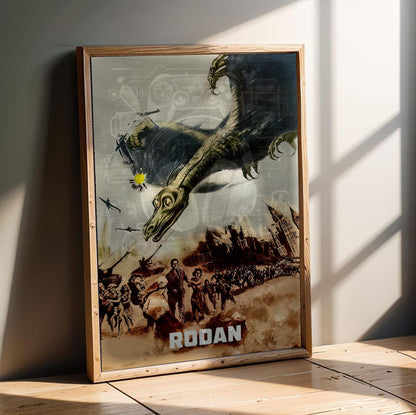 Rodan (1956) Movie Illustrated Art poster in an oak frame leaning on a wooden floor