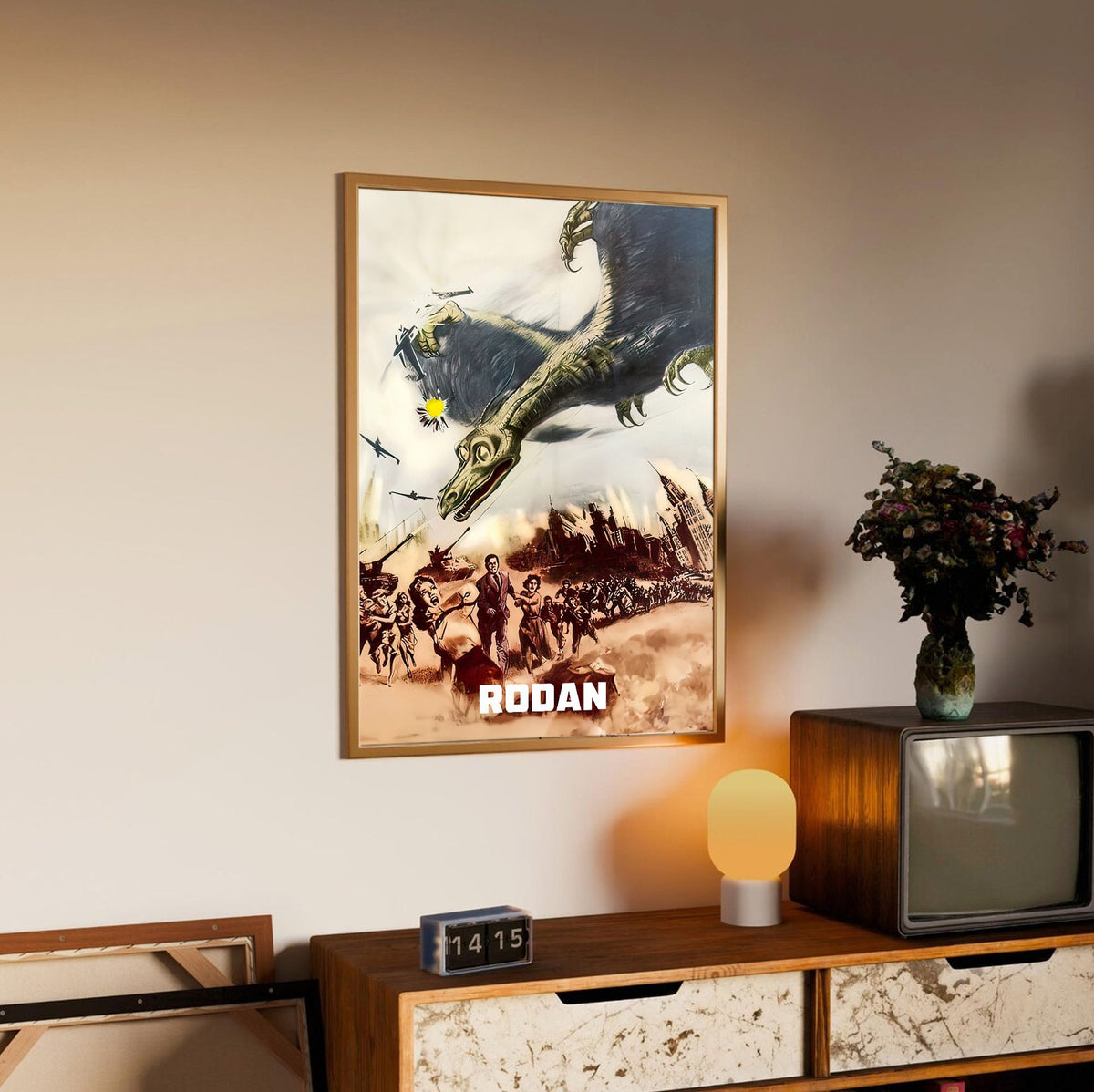 Rodan (1956) Movie Illustrated Art poster in an oak frame above a sideboard