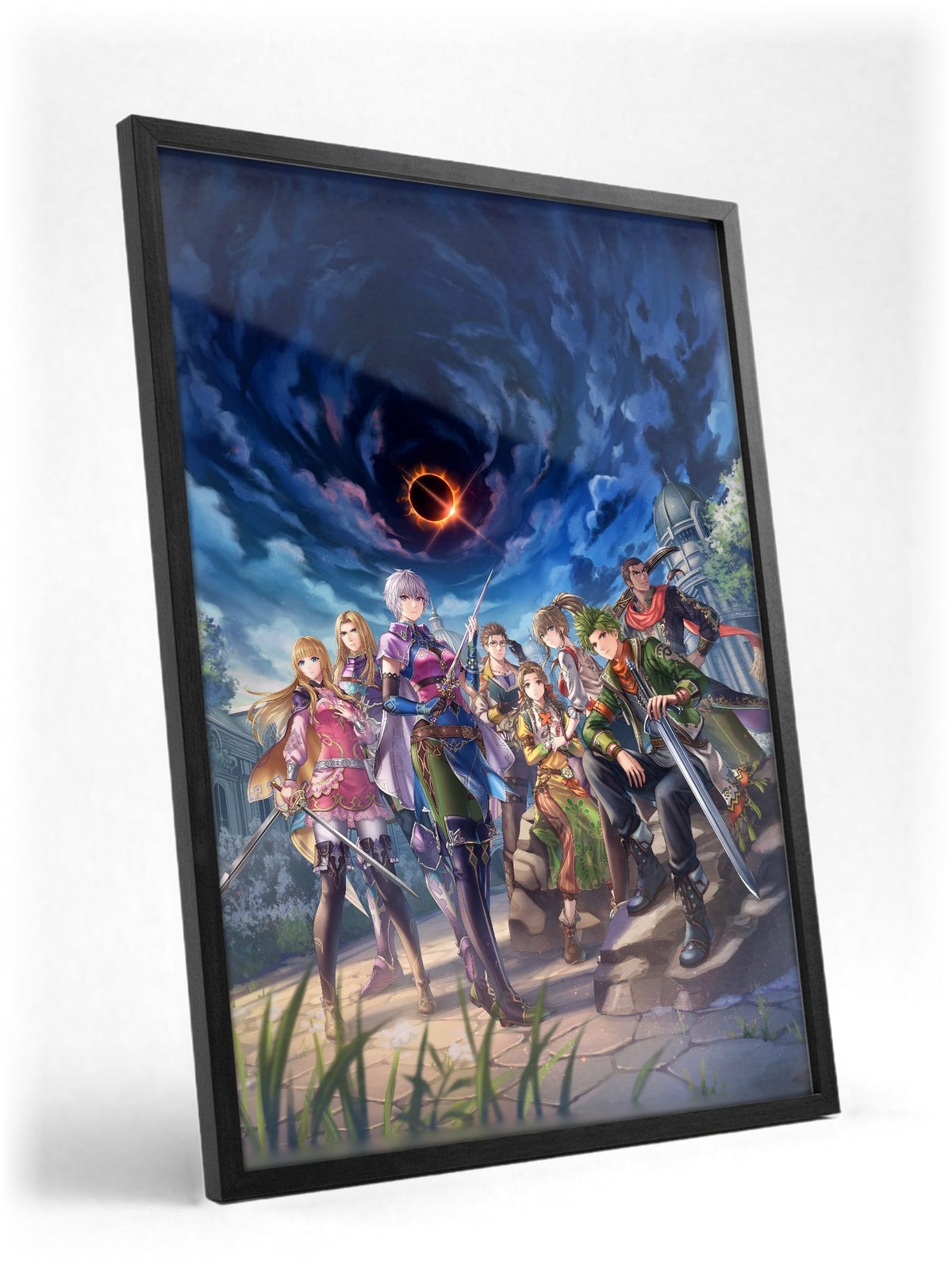 Romancing SaGa 3 Key Art poster in a black frame with glass leaning against a wall