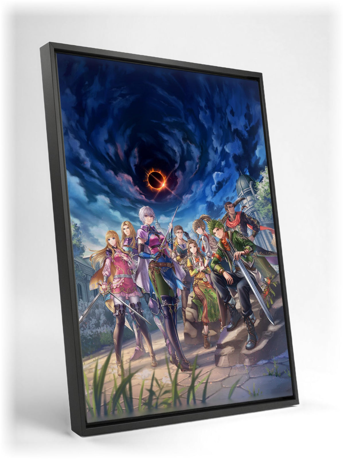 Romancing SaGa 3 Key Art as a black floater framed canvas leaning against a wall