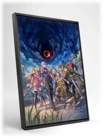 Romancing SaGa 3 Key Art as a black floater framed canvas leaning against a wall