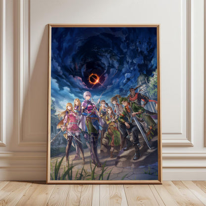 Romancing SaGa 3 Key Art poster in a light oak frame leaning against a white wall